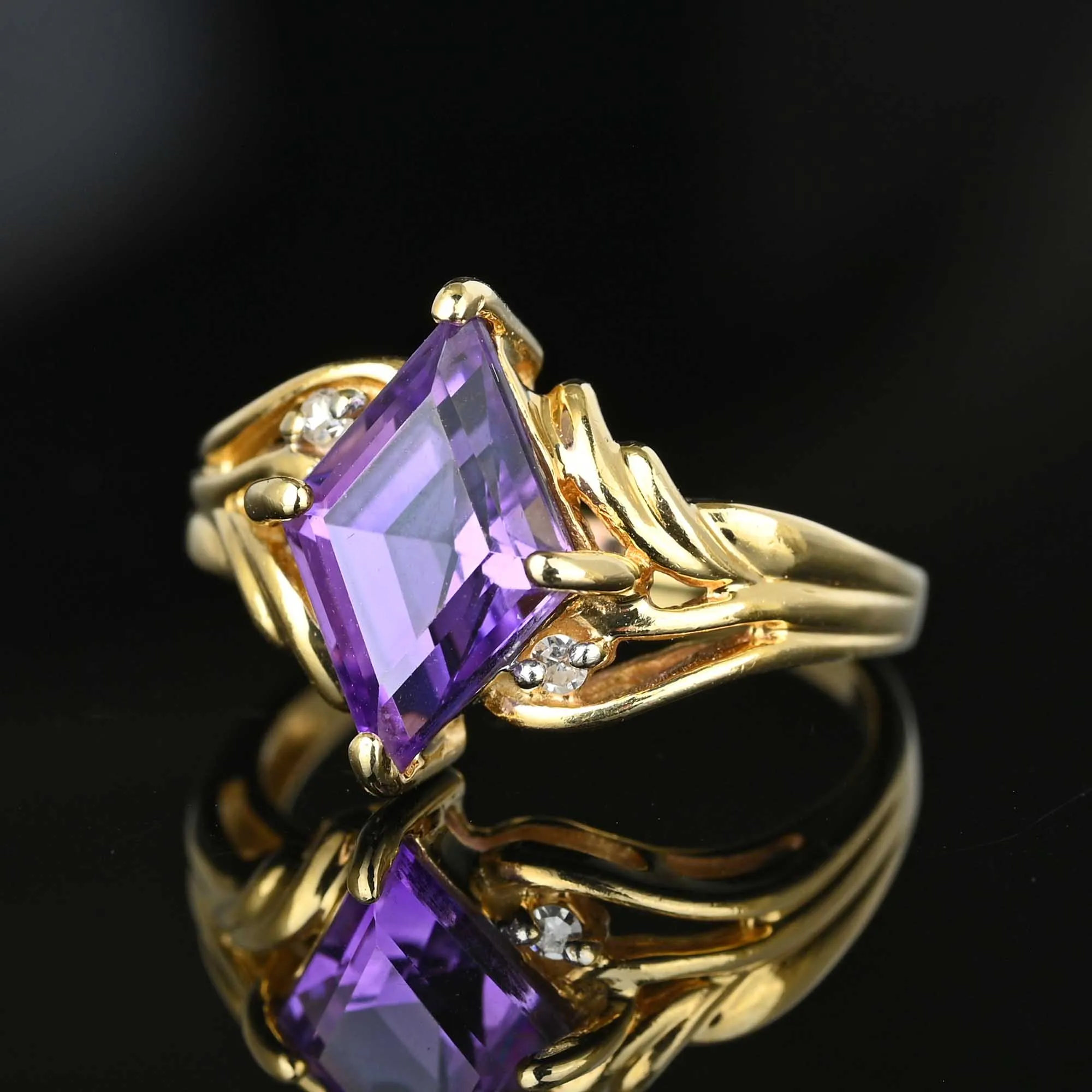 Vintage Gold Diamond Lozenge Cut Amethyst Cocktail Ring