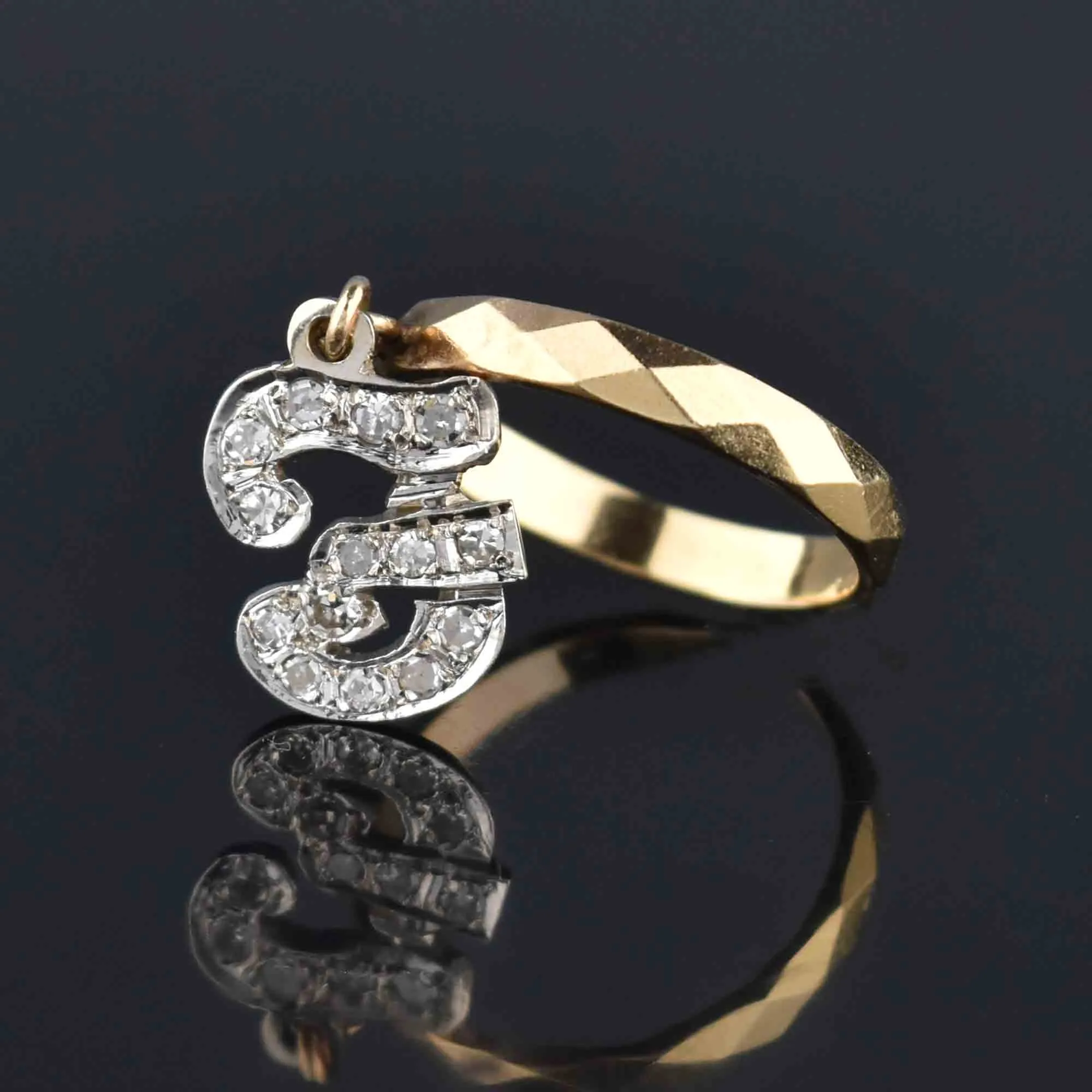 Vintage Initial F Diamond Dangle Charm Ring in 14K Gold