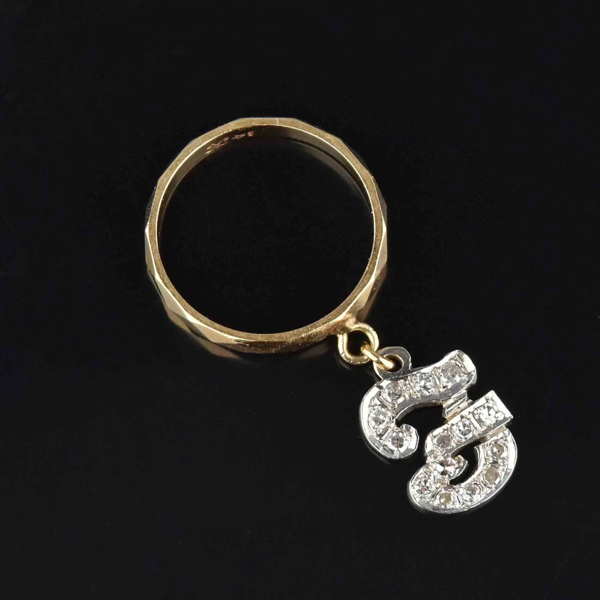 Vintage Initial F Diamond Dangle Charm Ring in 14K Gold