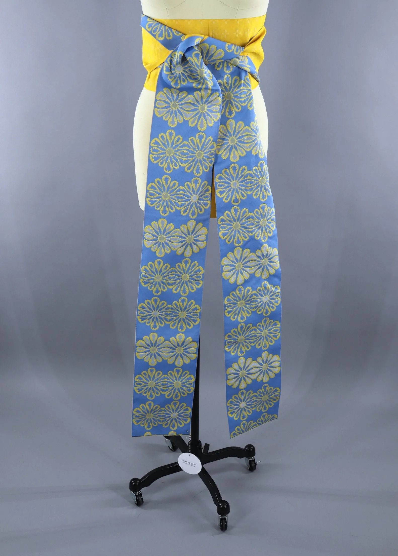 Vintage Kimono Hanhaba Obi Sash / French Blue & Bright Yellow