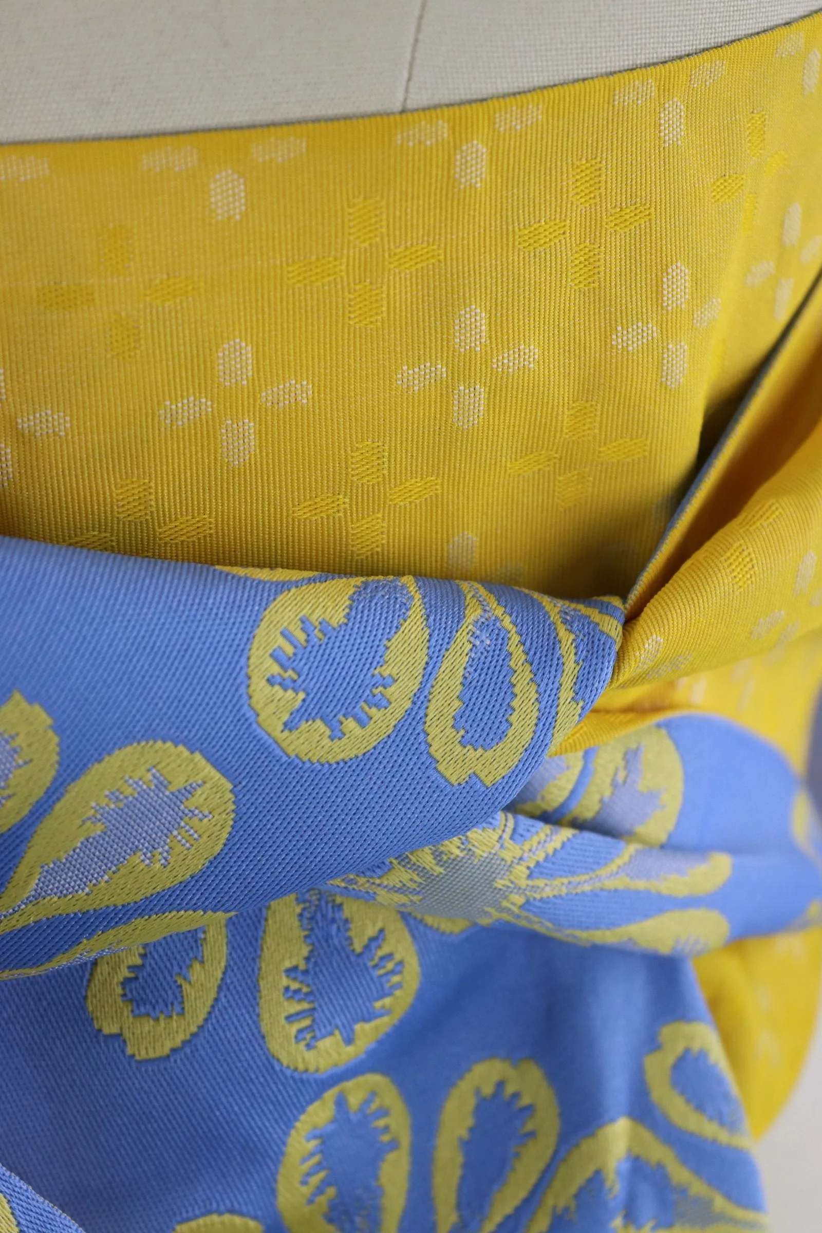 Vintage Kimono Hanhaba Obi Sash / French Blue & Bright Yellow