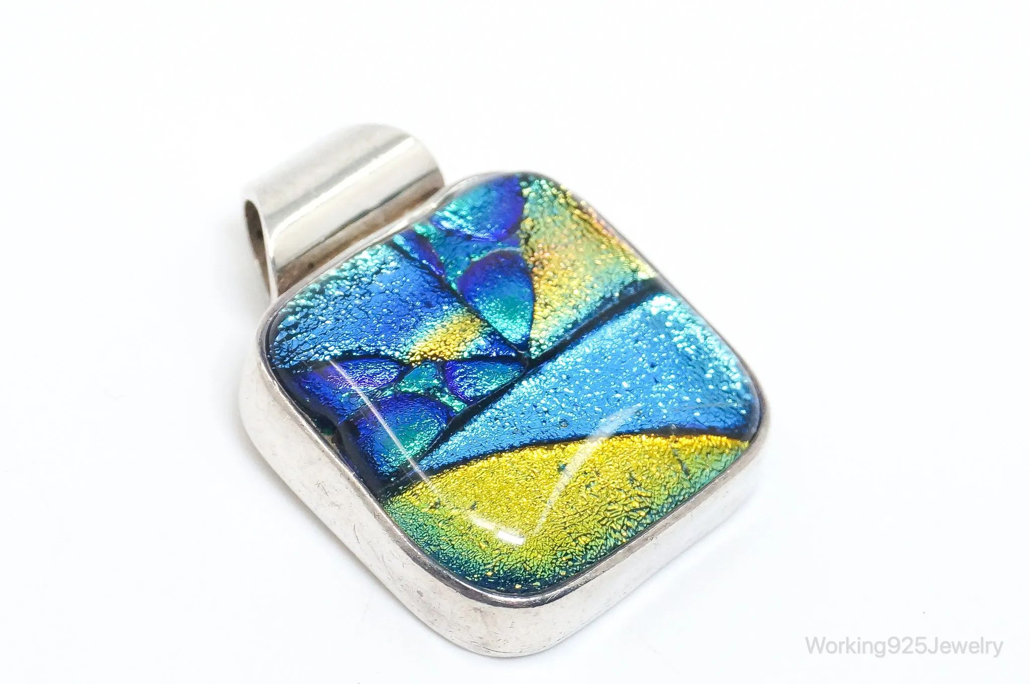 Vintage Large Dichroic Glass Starry Night Theme Sterling Silver Pendant