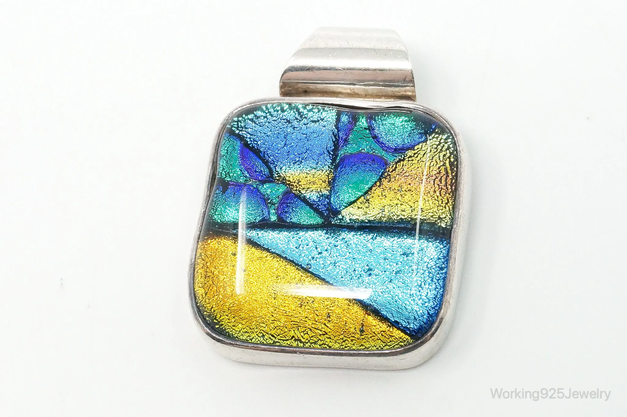 Vintage Large Dichroic Glass Starry Night Theme Sterling Silver Pendant