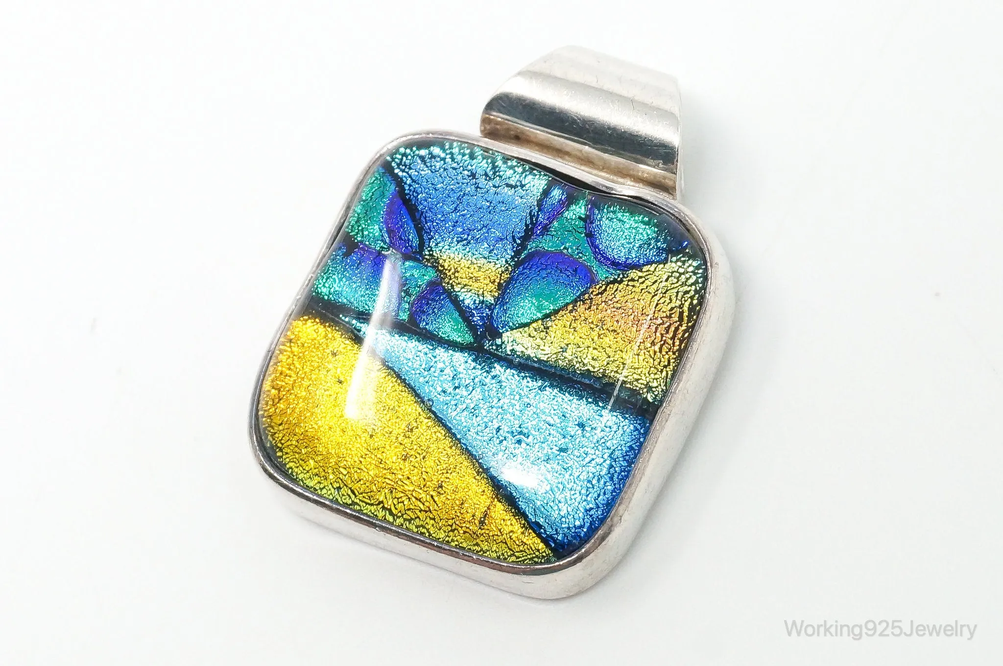 Vintage Large Dichroic Glass Starry Night Theme Sterling Silver Pendant