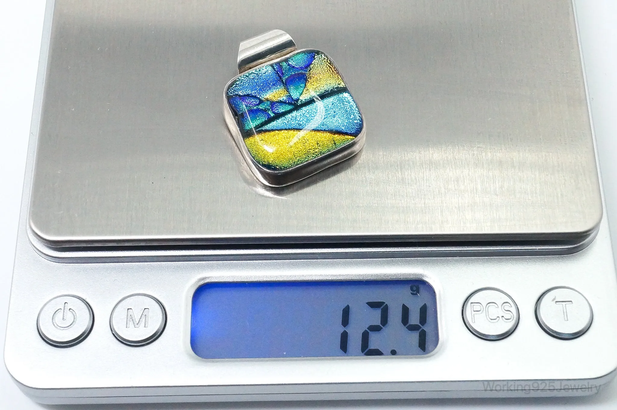 Vintage Large Dichroic Glass Starry Night Theme Sterling Silver Pendant