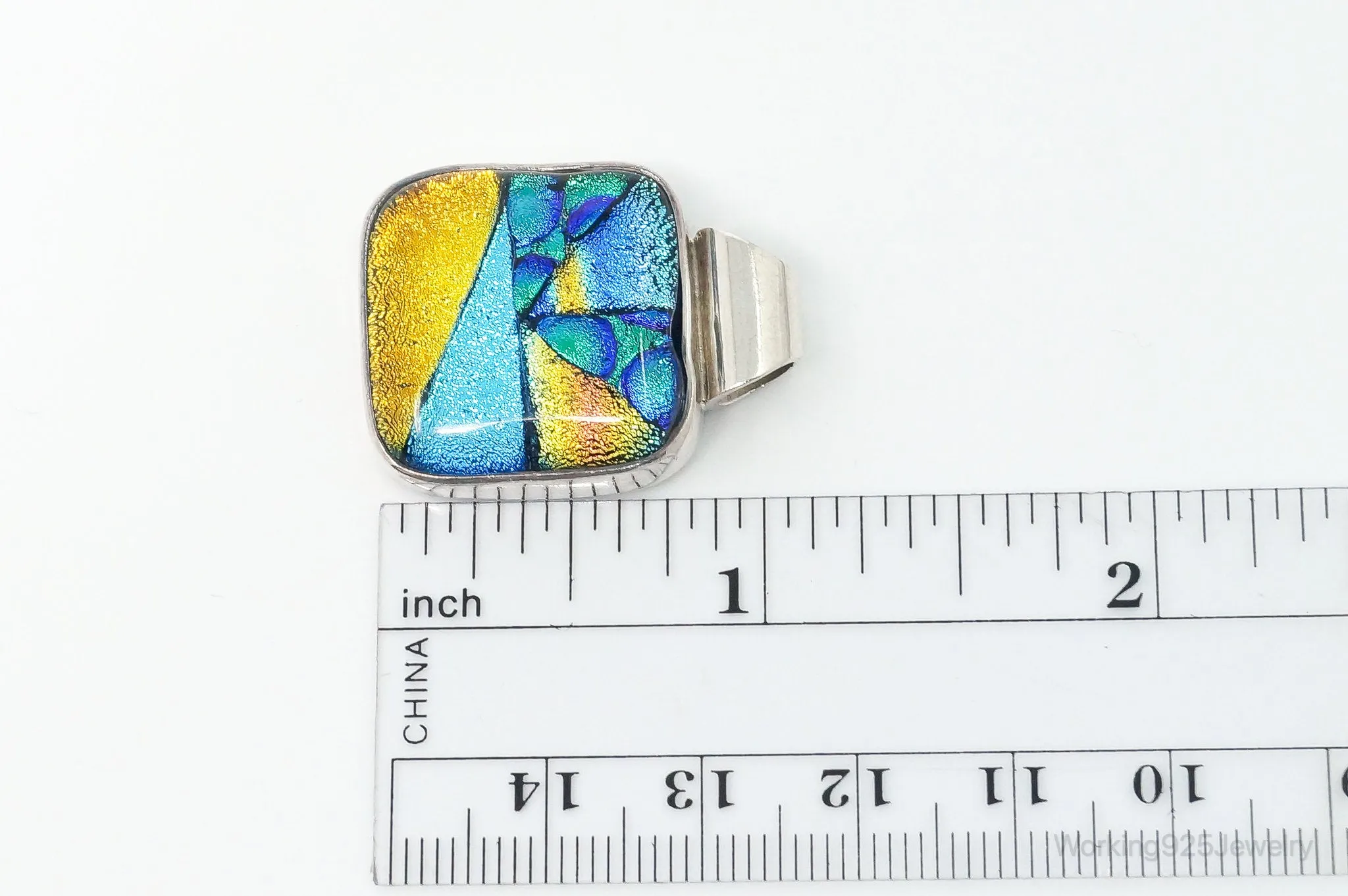 Vintage Large Dichroic Glass Starry Night Theme Sterling Silver Pendant