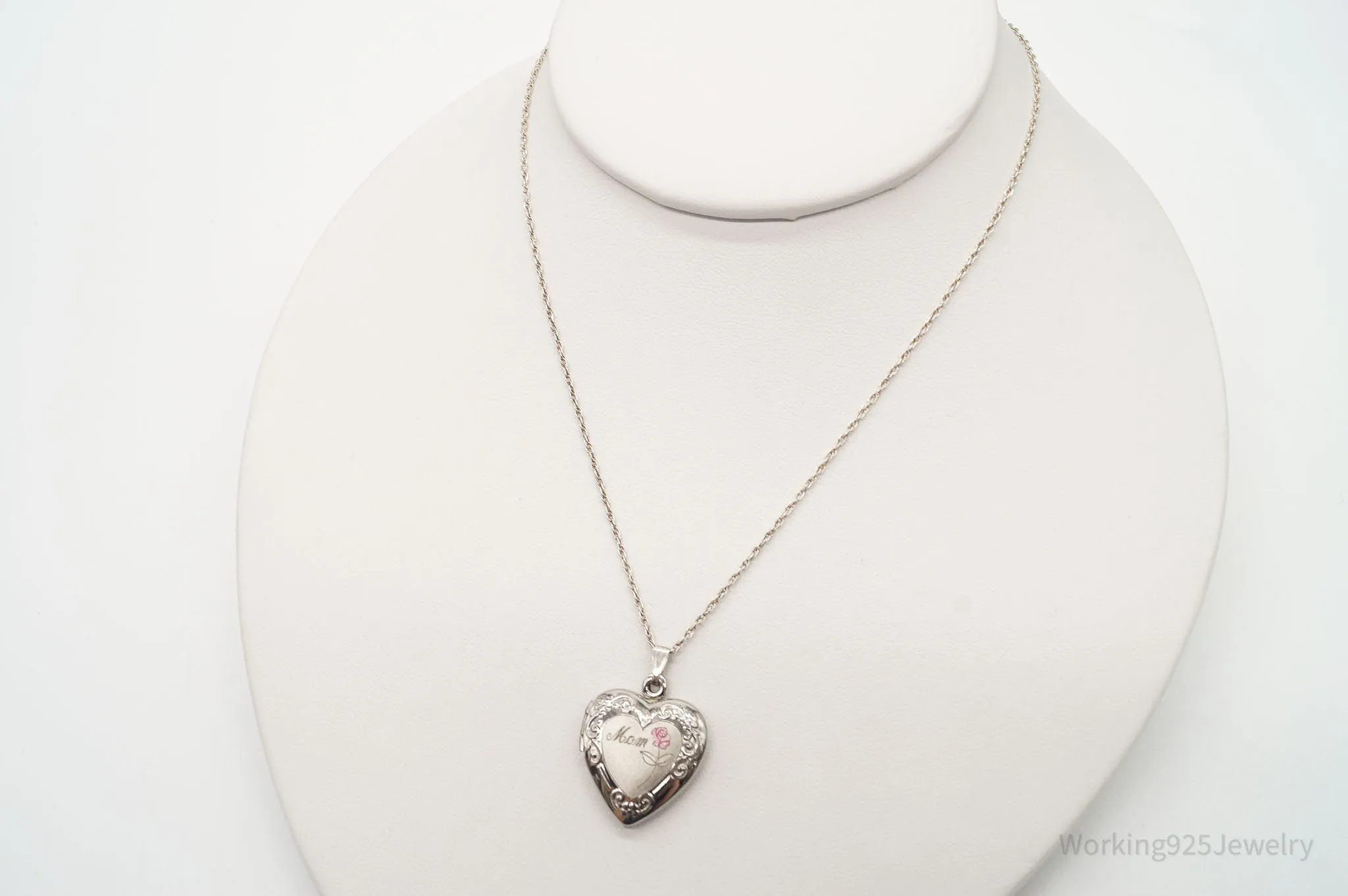 Vintage "Mom" Picture Locket Heart Sterling Silver Necklace