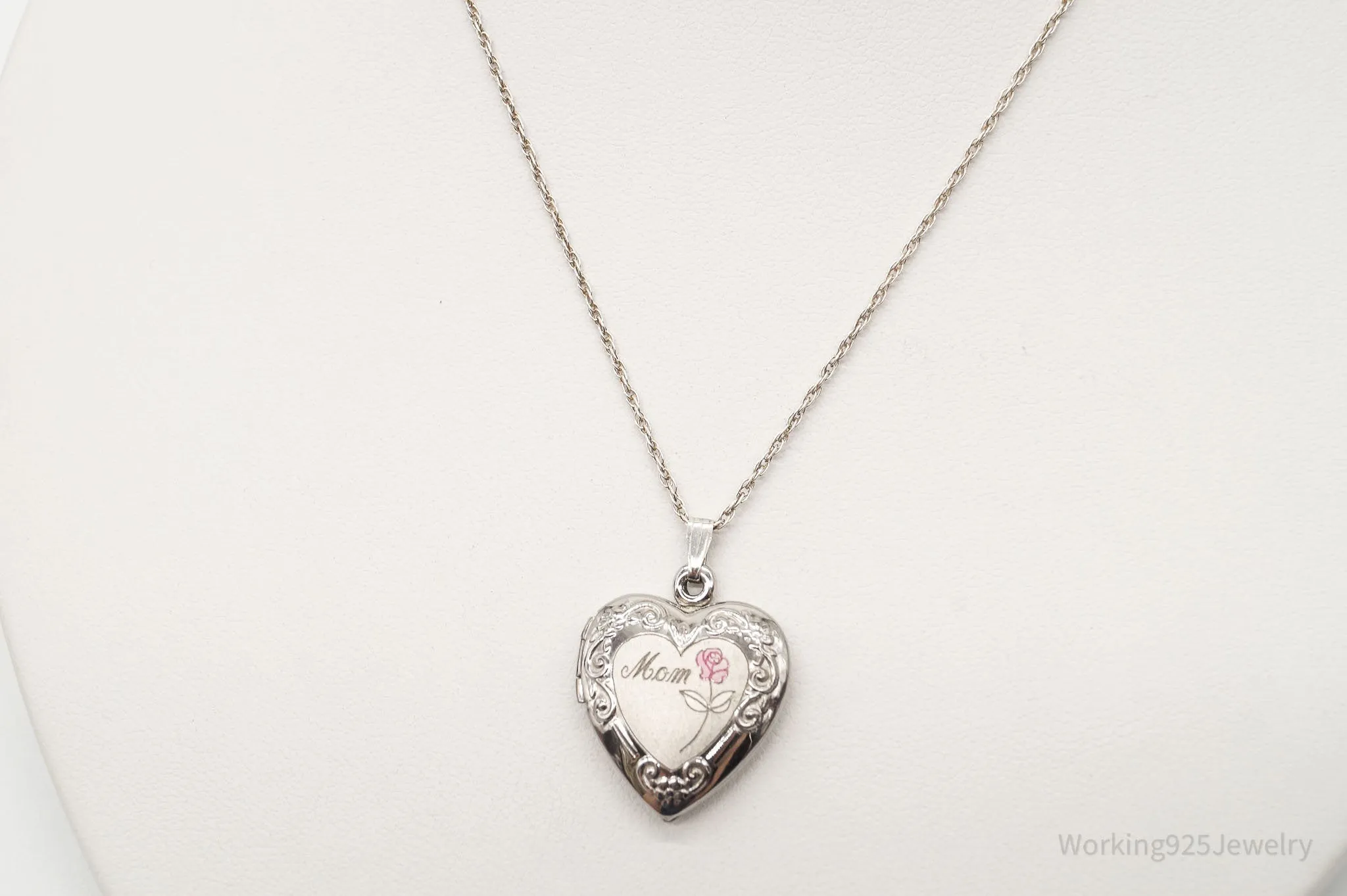 Vintage "Mom" Picture Locket Heart Sterling Silver Necklace