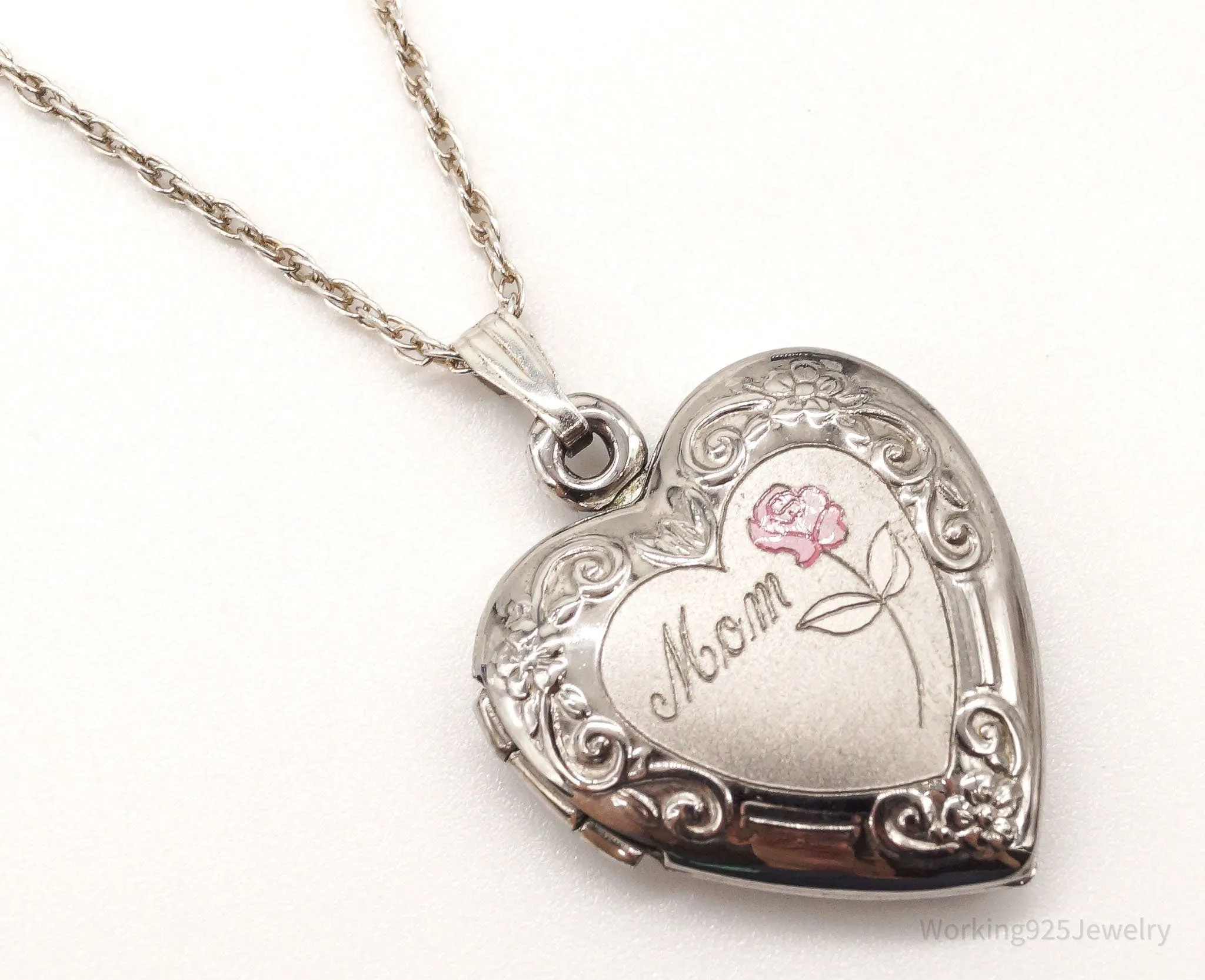 Vintage "Mom" Picture Locket Heart Sterling Silver Necklace