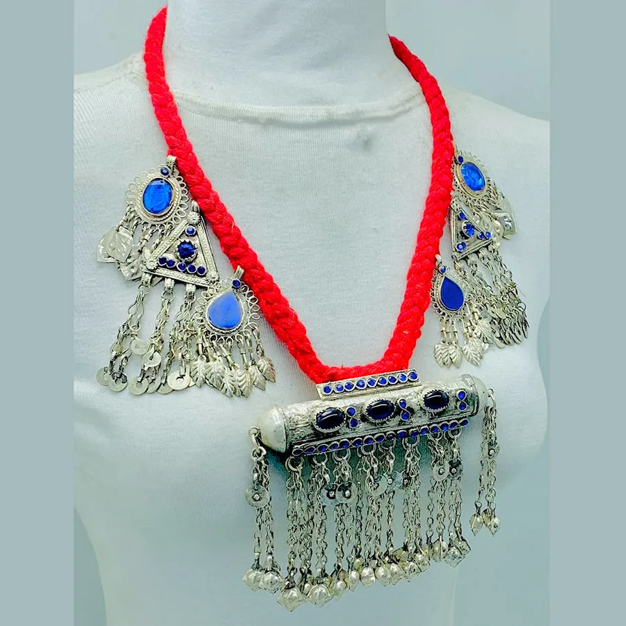 Vintage Red Necklace With Dangling Silver Motifs