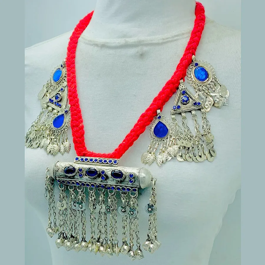 Vintage Red Necklace With Dangling Silver Motifs