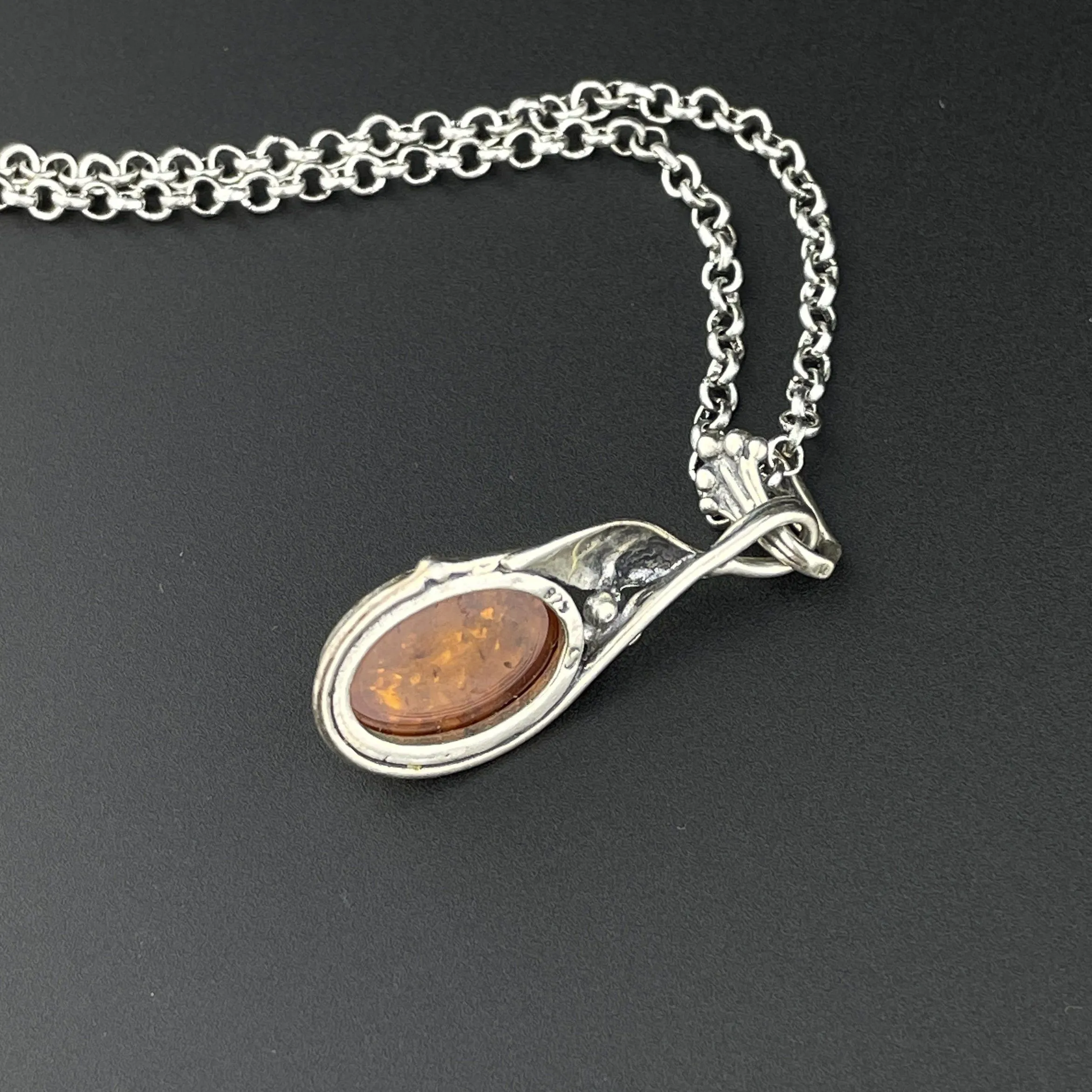 Vintage Silver Grape Cluster Amber Drop Pendant Necklace