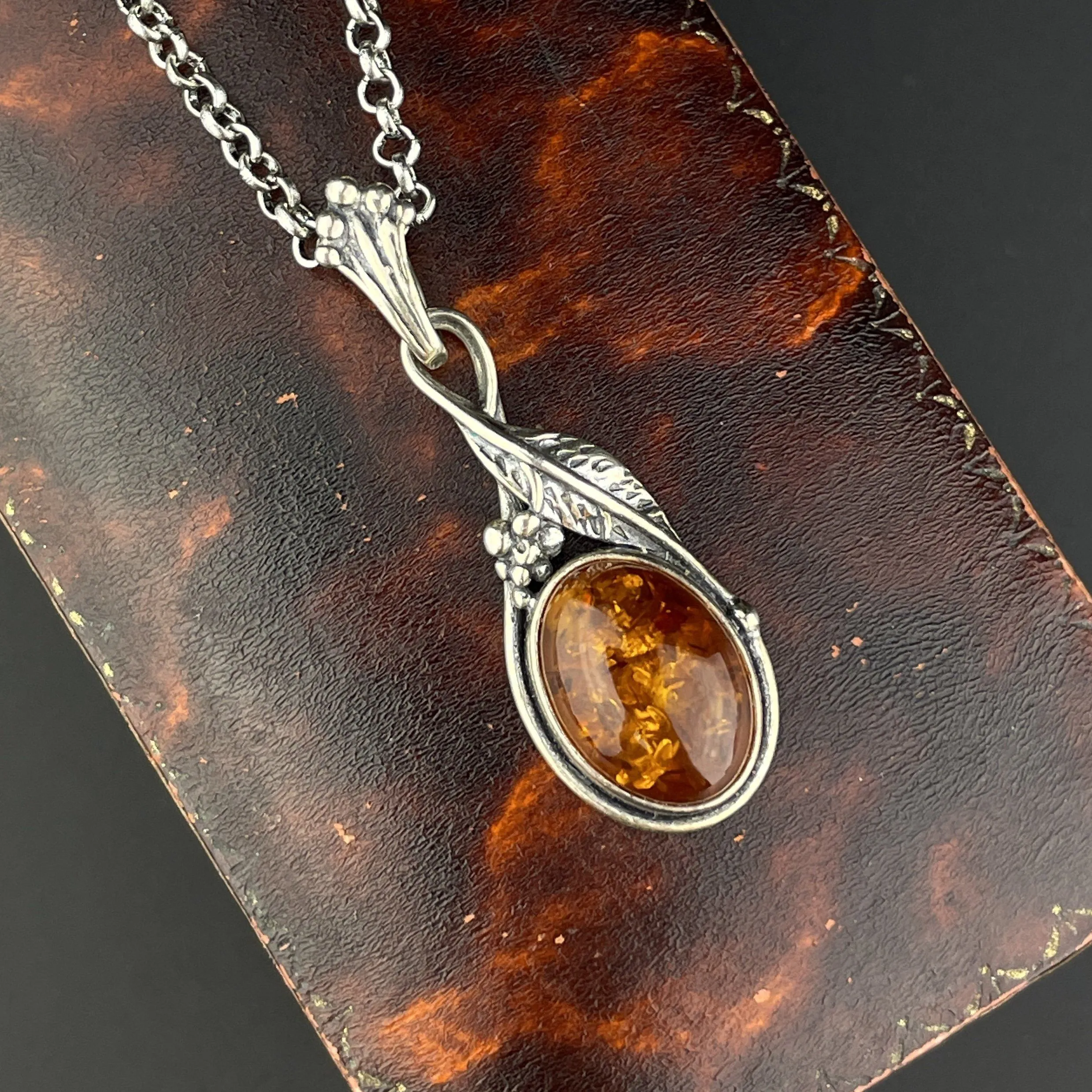 Vintage Silver Grape Cluster Amber Drop Pendant Necklace