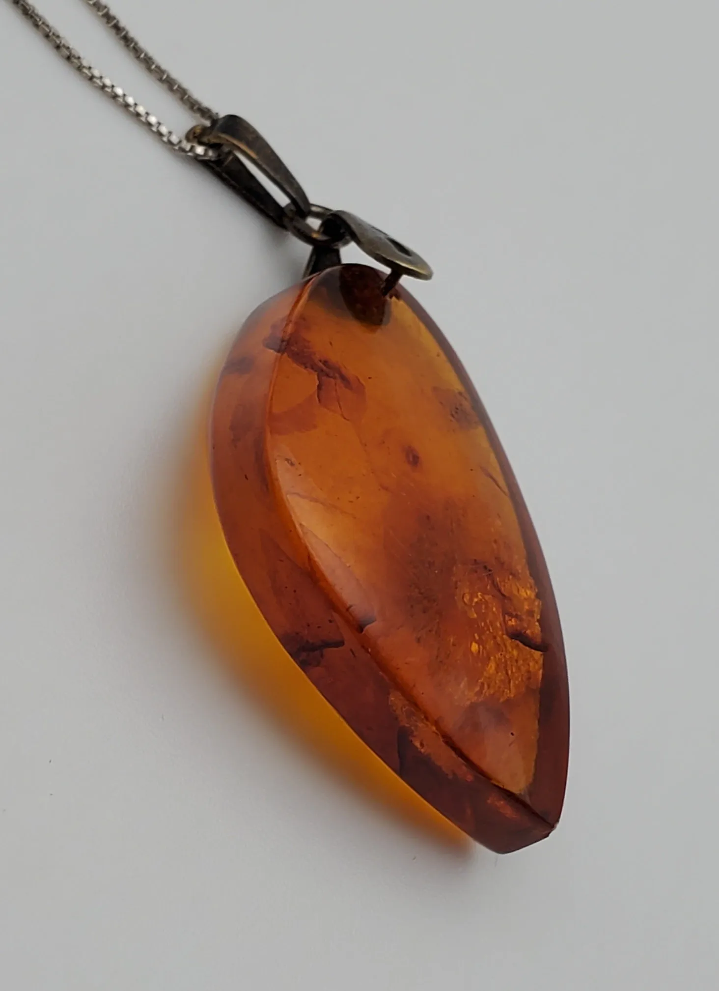 Vintage Soviet Amber Modernist Freeform Sculpted Pendant on Sterling Silver Necklace - 16.25"