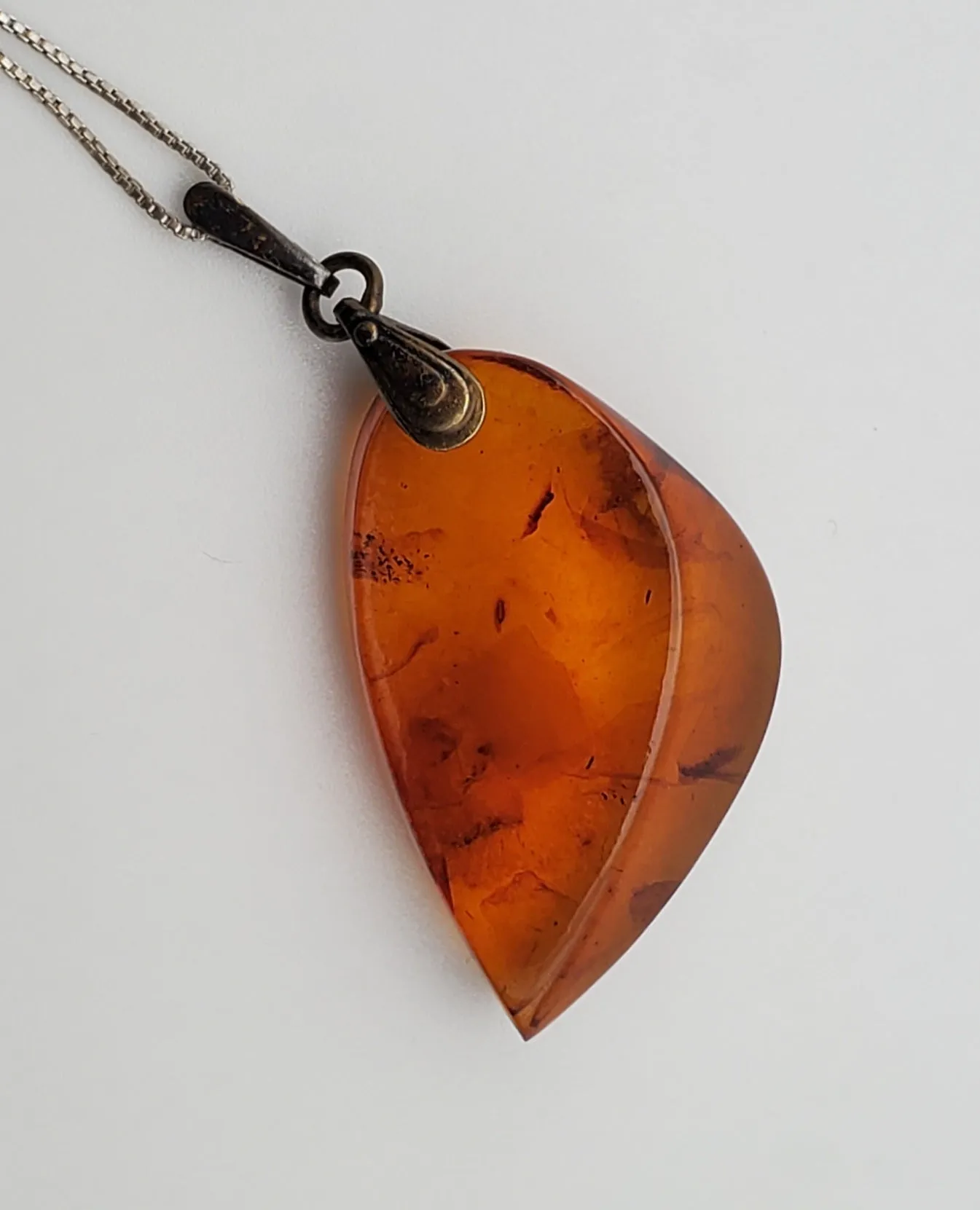 Vintage Soviet Amber Modernist Freeform Sculpted Pendant on Sterling Silver Necklace - 16.25"