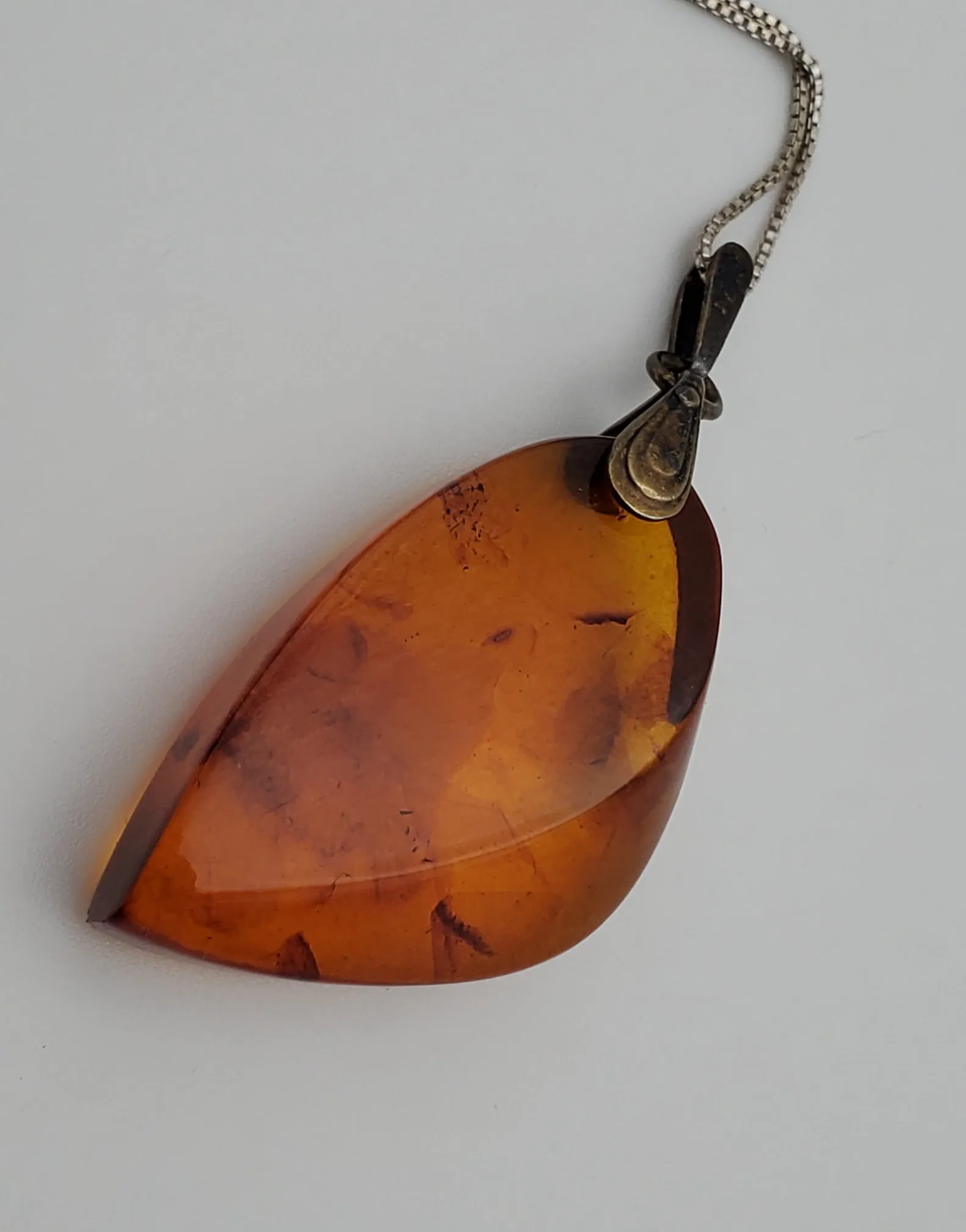 Vintage Soviet Amber Modernist Freeform Sculpted Pendant on Sterling Silver Necklace - 16.25"