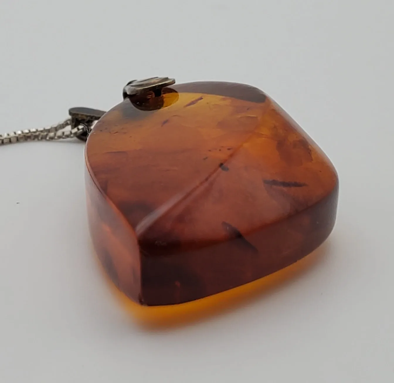 Vintage Soviet Amber Modernist Freeform Sculpted Pendant on Sterling Silver Necklace - 16.25"