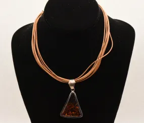 Vintage Triangular Amber Pendant on Multi Cord Necklace - 16"