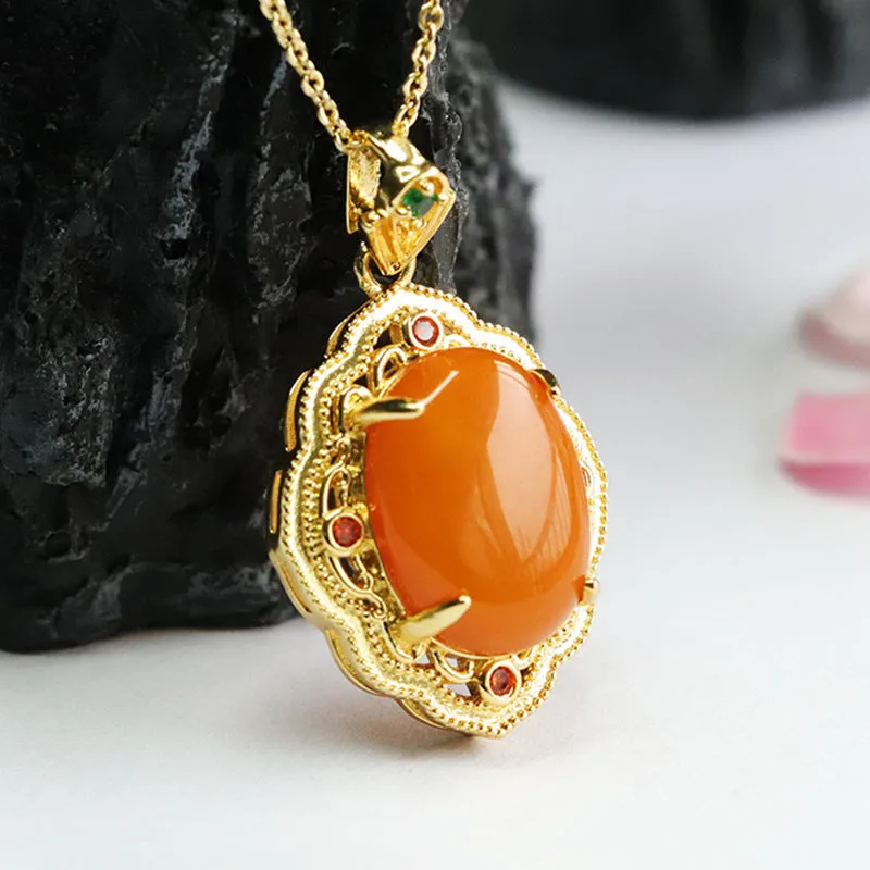 Vintage Zircon Engraved Amber Pendant with Sterling Silver Chain