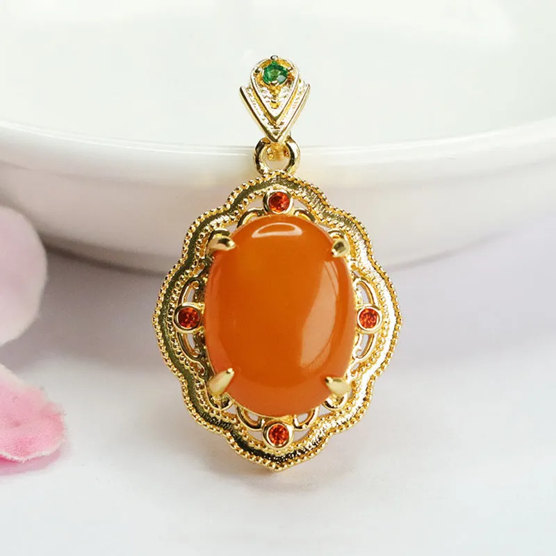 Vintage Zircon Engraved Amber Pendant with Sterling Silver Chain