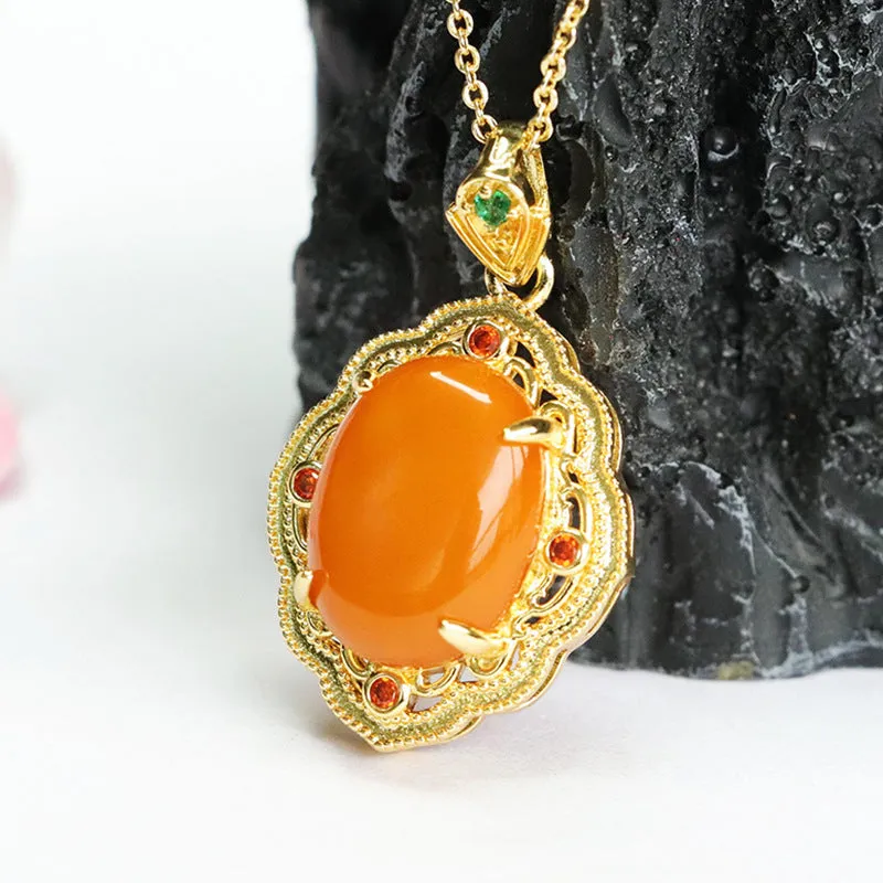 Vintage Zircon Engraved Amber Pendant with Sterling Silver Chain