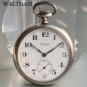 Waltham Pocket Watch Antique Manual Silver Open Face Case Diameter 45mm Vintage