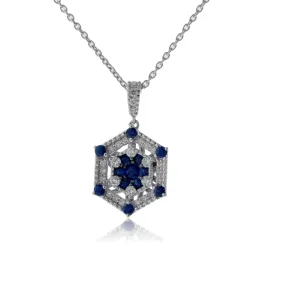 White Gold Blue Sapphire and Diamond Vintage Inspired Pendant