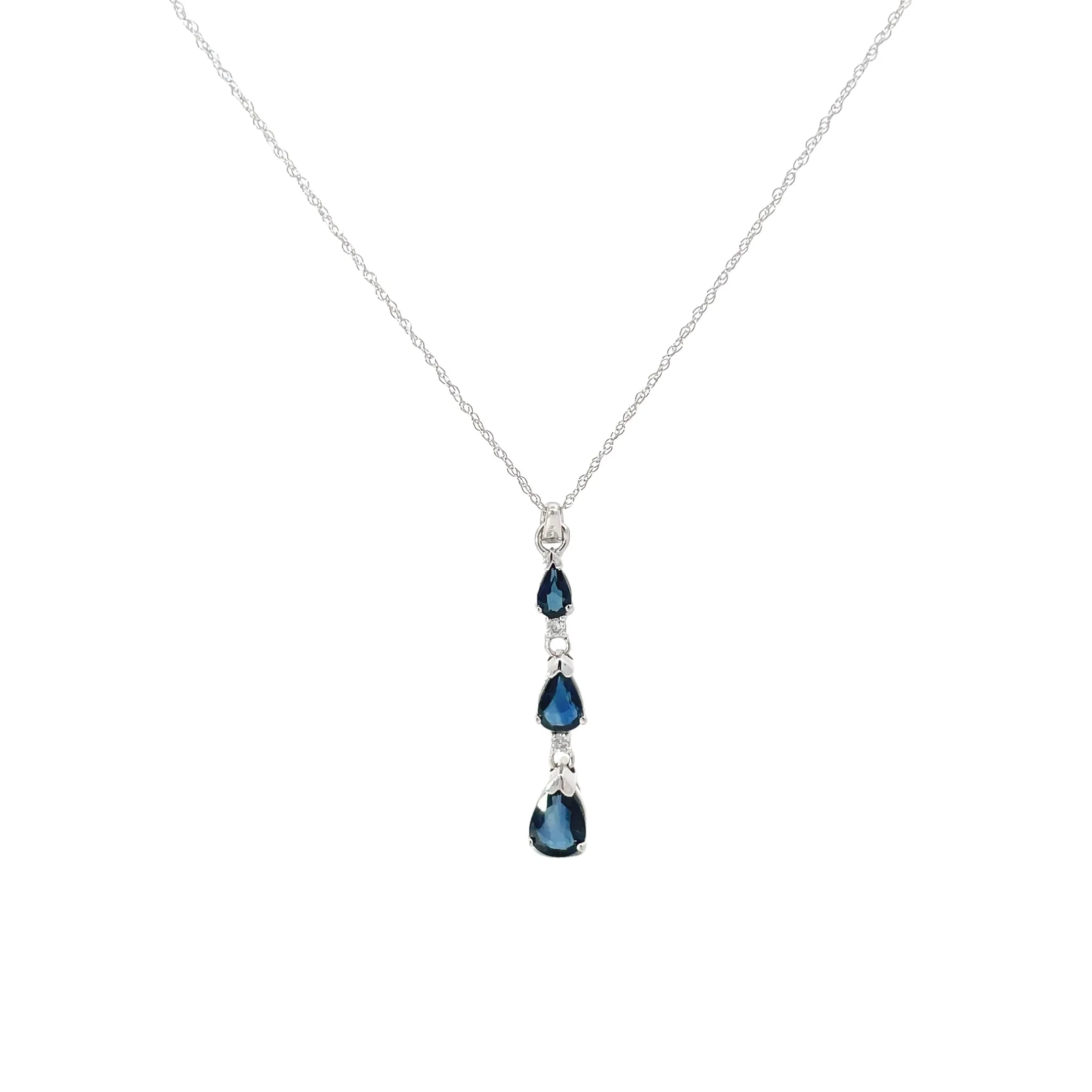 White Gold Diamond Sapphire Drop Pendant Necklace