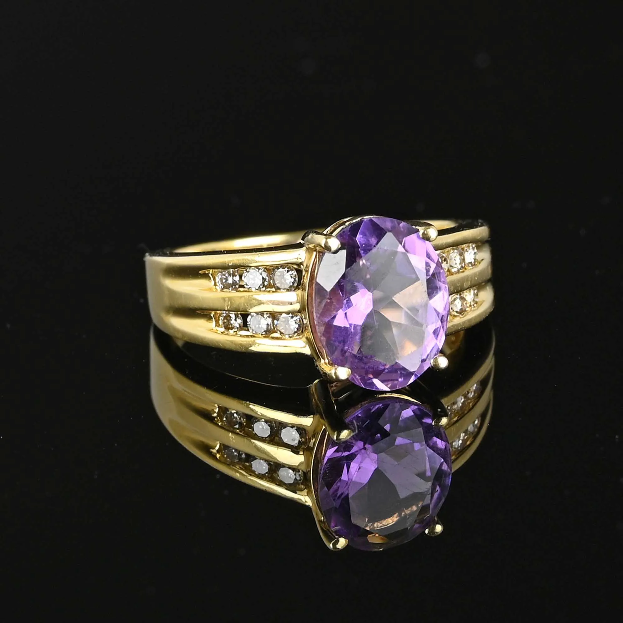 Wide 14K Gold Diamond and Amethyst Ring