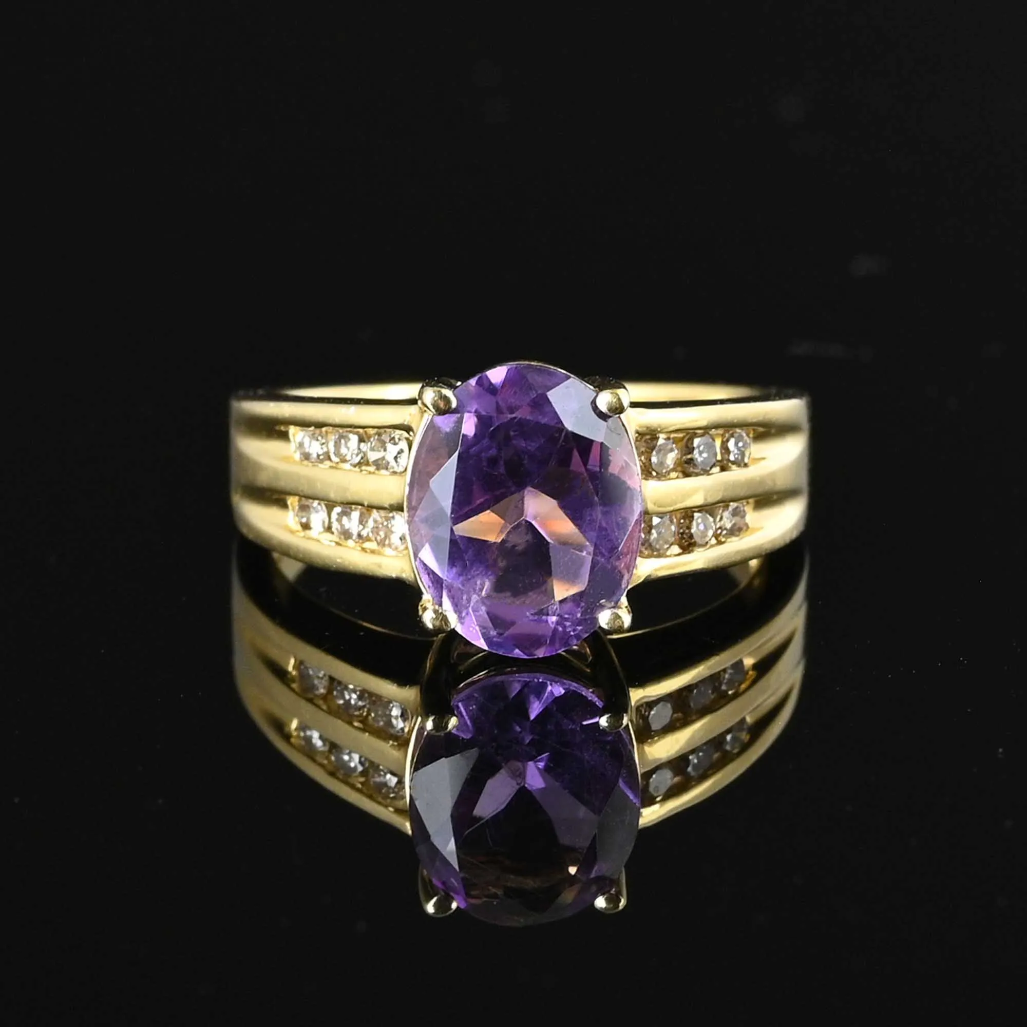 Wide 14K Gold Diamond and Amethyst Ring