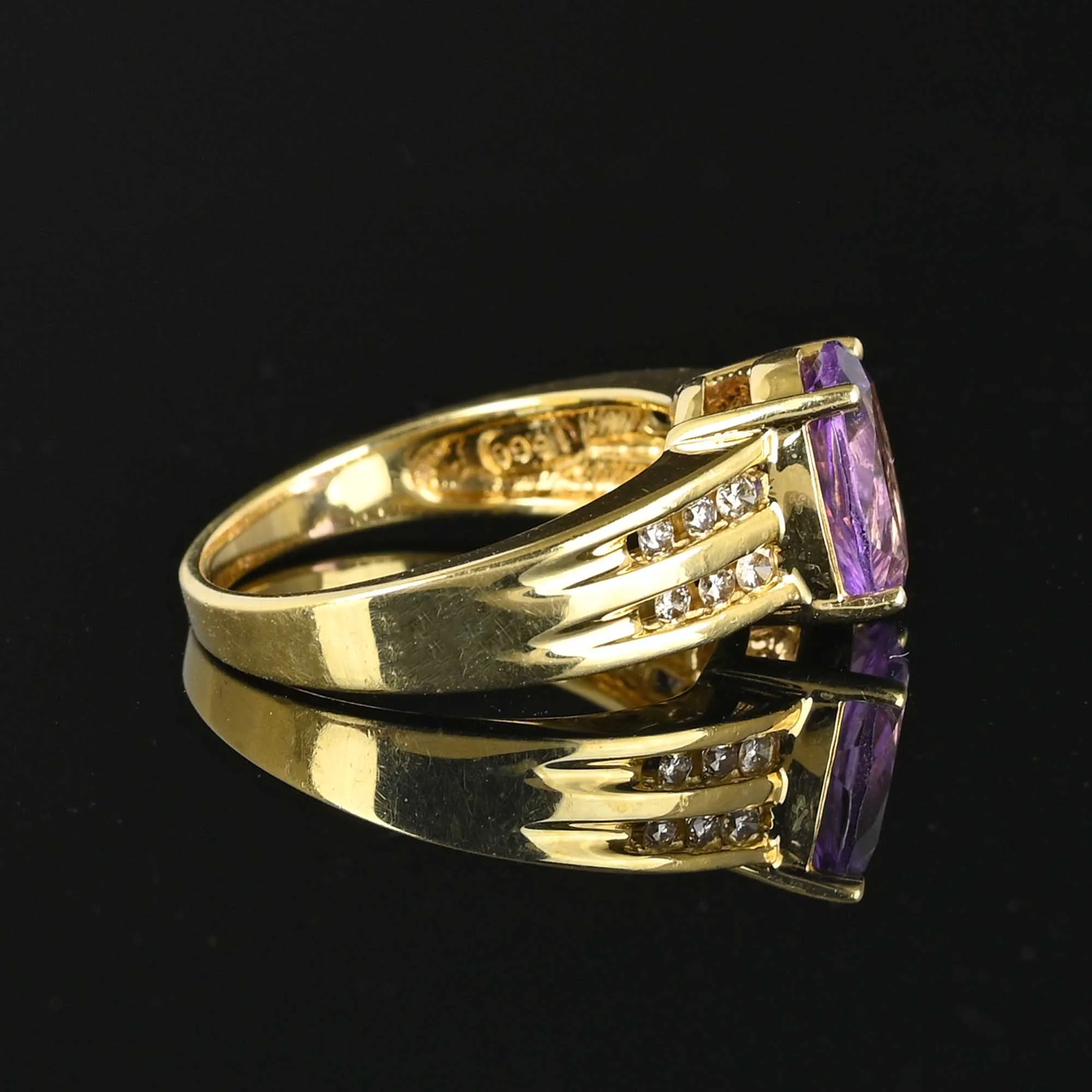 Wide 14K Gold Diamond and Amethyst Ring