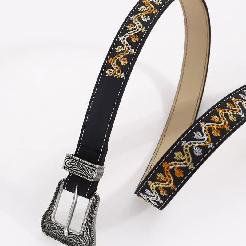 Women's Black Orange & White Embroidery Leather Belt