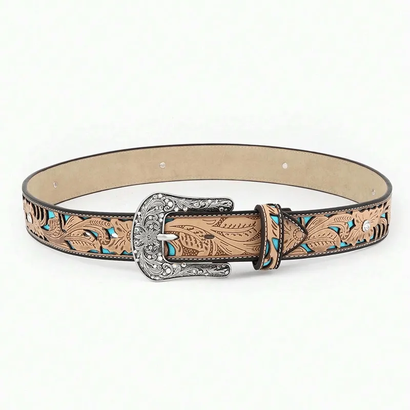 Women's Embossed Flower Rhinestone Camel Leather Belt