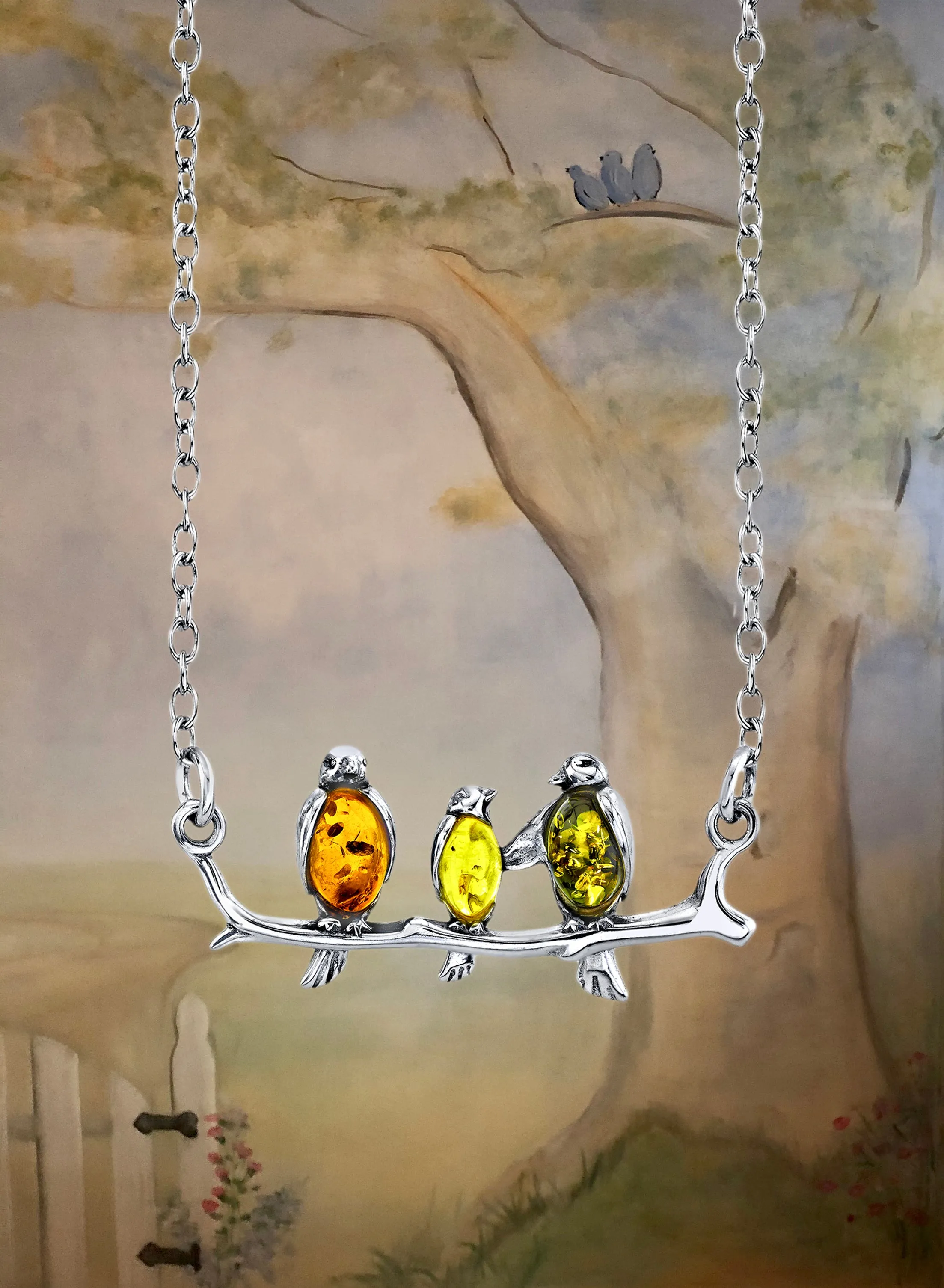 Womens Sterling Silver Baltic Amber Pendant Necklace Free Birds Branch 18" Chain