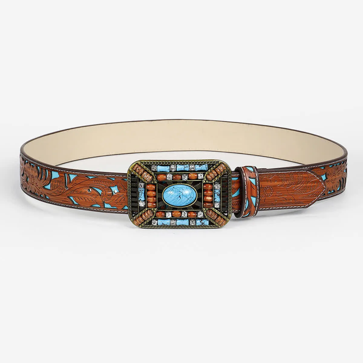 Women's Turquoise Wood Bead Buckle Engraved Leather Belt