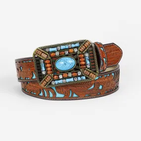 Women's Turquoise Wood Bead Buckle Engraved Leather Belt