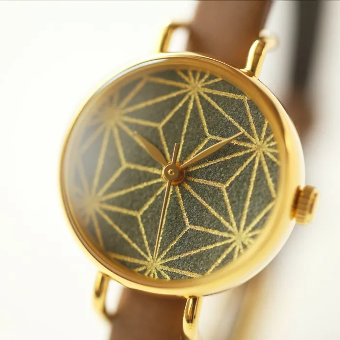 Women's Wristwatch - Camellia Leaf Color with Asanoha(hemp leaf) pattern, Japanese handmade wrist watch