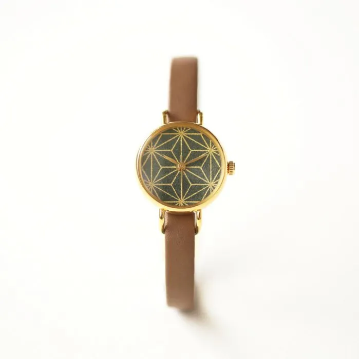 Women's Wristwatch - Camellia Leaf Color with Asanoha(hemp leaf) pattern, Japanese handmade wrist watch