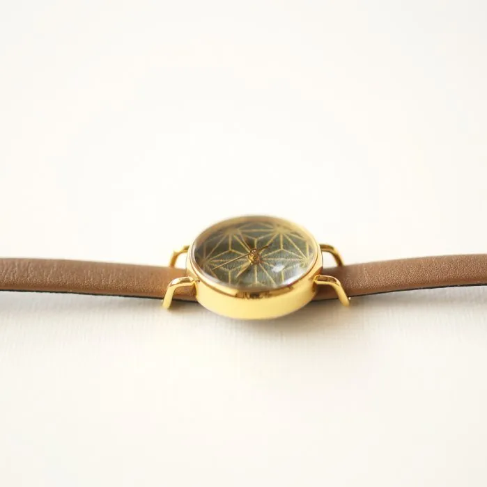 Women's Wristwatch - Camellia Leaf Color with Asanoha(hemp leaf) pattern, Japanese handmade wrist watch