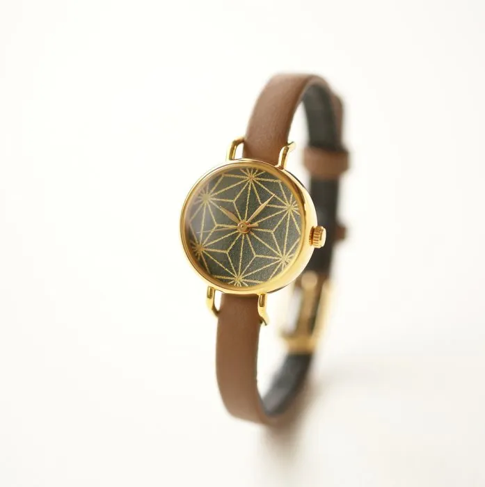 Women's Wristwatch - Camellia Leaf Color with Asanoha(hemp leaf) pattern, Japanese handmade wrist watch