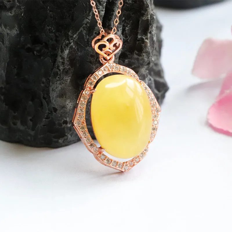 Yellow Amber Beeswax Sterling Silver Necklace with Zircon Rose Gold Accent