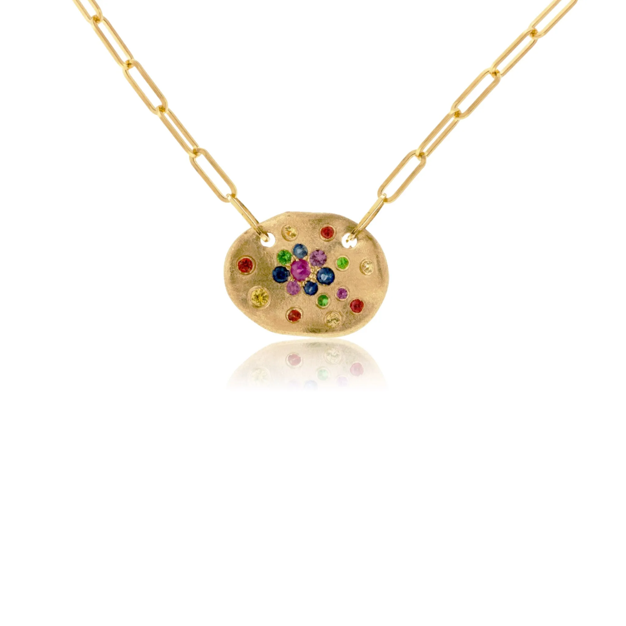 Yellow Gold Satin Finish Flush Set Rainbow Sapphire & Paper-Clip Necklace