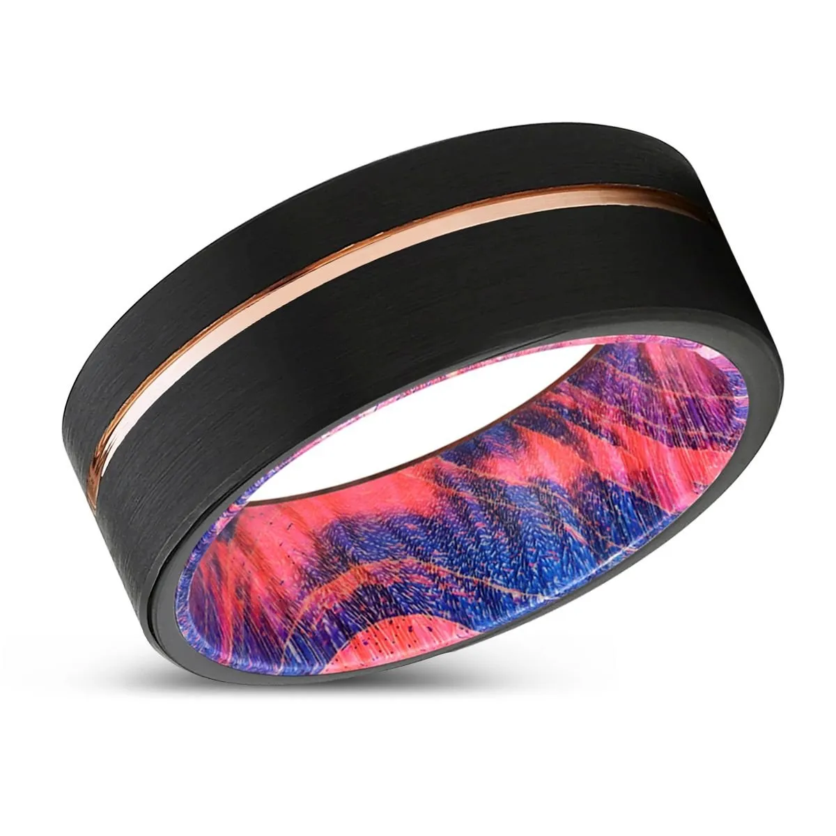 ZEAL | Blue & Red Wood, Black Tungsten Ring, Rose Gold Offset Groove, Brushed, Flat