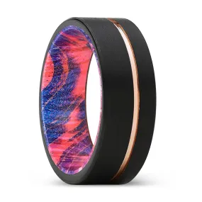 ZEAL | Blue & Red Wood, Black Tungsten Ring, Rose Gold Offset Groove, Brushed, Flat