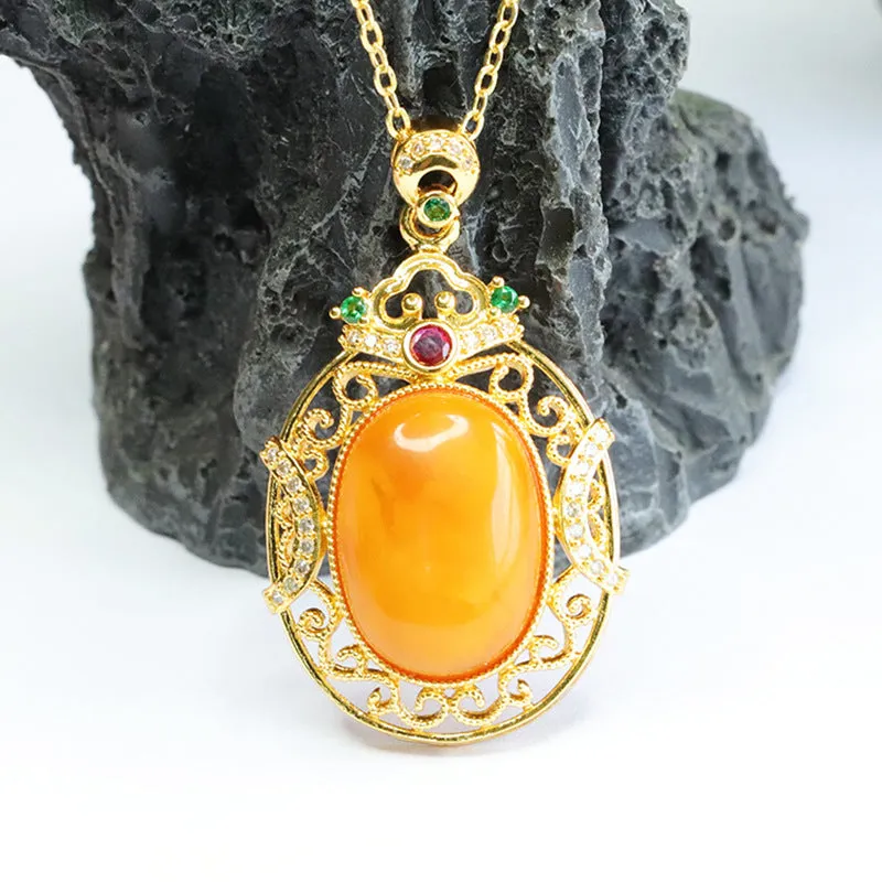 Zircon Hollow Sterling Silver Necklace with Honey Wax Amber Pendant