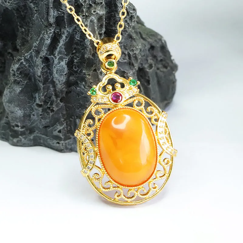 Zircon Hollow Sterling Silver Necklace with Honey Wax Amber Pendant