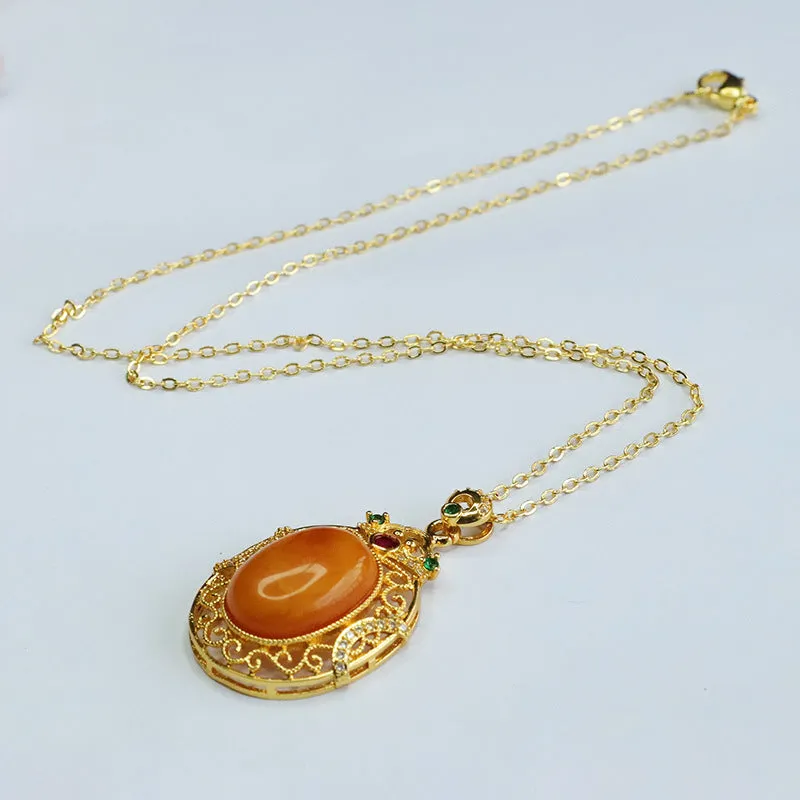 Zircon Hollow Sterling Silver Necklace with Honey Wax Amber Pendant