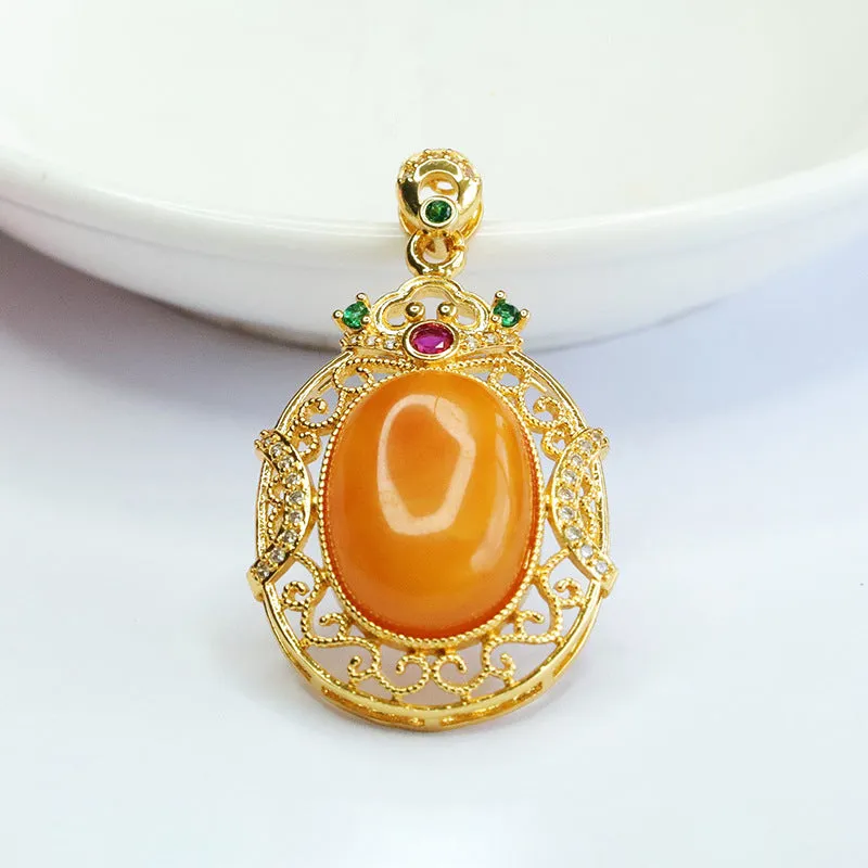 Zircon Hollow Sterling Silver Necklace with Honey Wax Amber Pendant