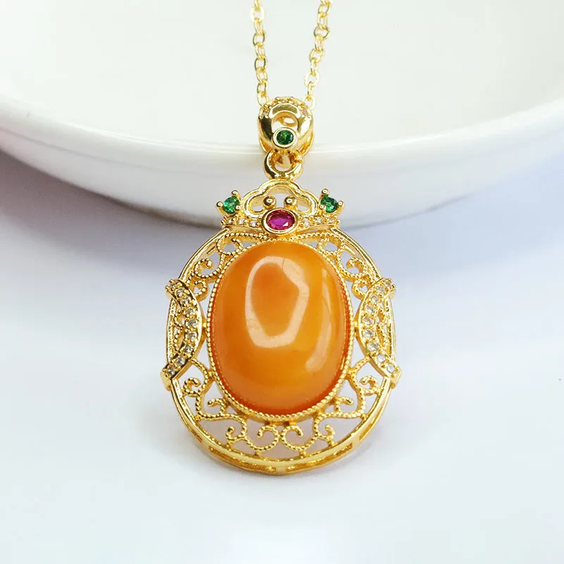 Zircon Hollow Sterling Silver Necklace with Honey Wax Amber Pendant